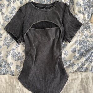 SHEIN Dark Gray Ribbed Cutout Tee